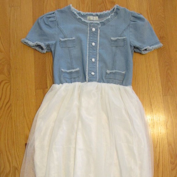 MAN LI SHANG WOMEN'S SIZE M DRESS BLUE DENIM & WHITE NETTING LONG TOP TUNIC - Picture 1 of 6